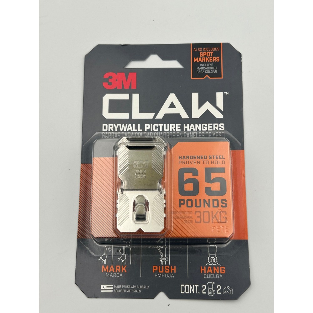3M CLAW Drywall Picture Hangers 65lb Heavy Duty Steel Wall Hooks 2 Pack H65M-2ES